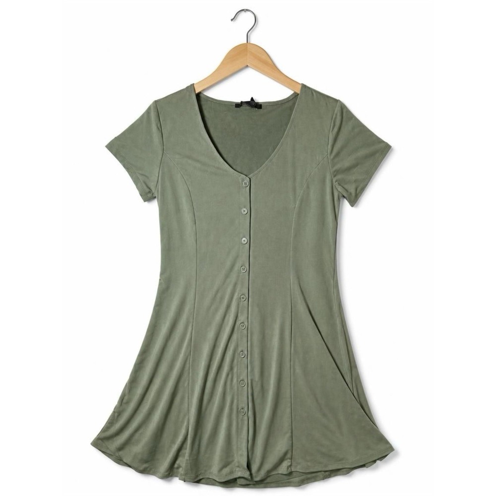 Forever 21 Olive Green Flare Mini Dress Sz M Button Front Tie Back EUC!